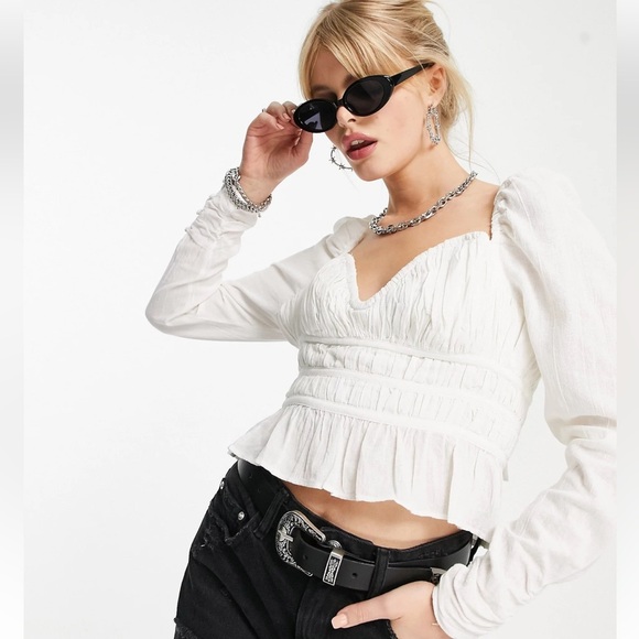 EUC Free People Chloe Puff Sleeve Blouse Long Sleeve Cropped Off-White Medium - Picture 2 of 13